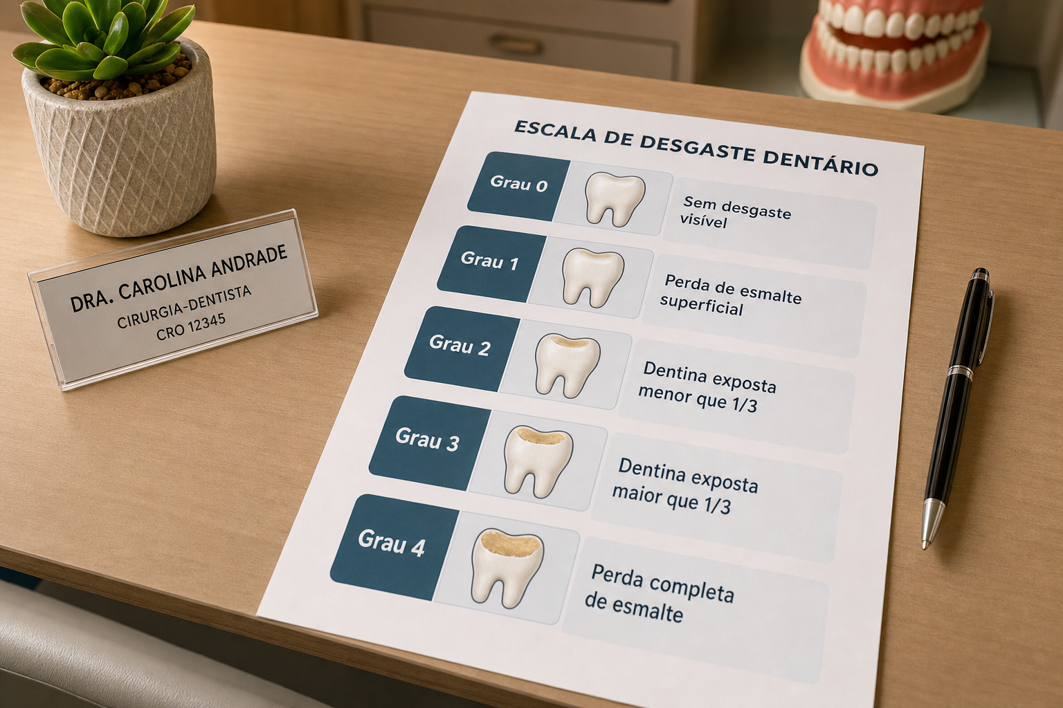 Escala de desgaste dentário TWI (Smith e Knight): graus 0 a 4 com descrição e sinais visíveis — Orali Odontologia