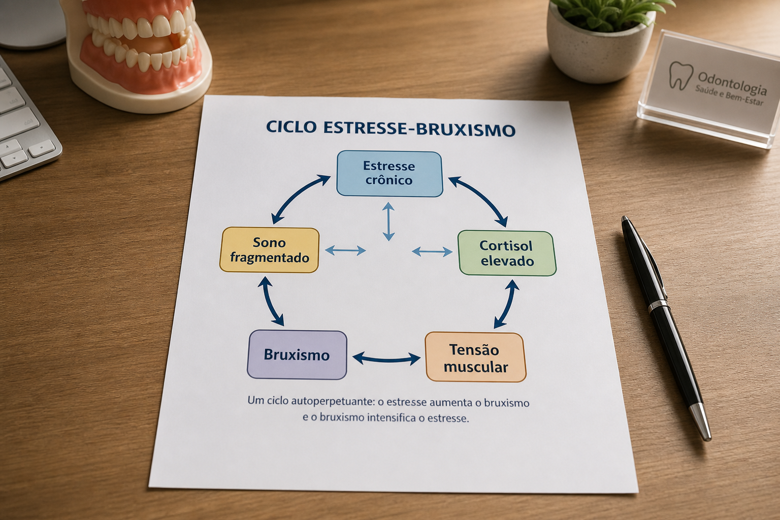 Ciclo bidirecional estresse-bruxismo: estresse crônico, cortisol elevado, tensão muscular, sono fragmentado — Orali Odontologia